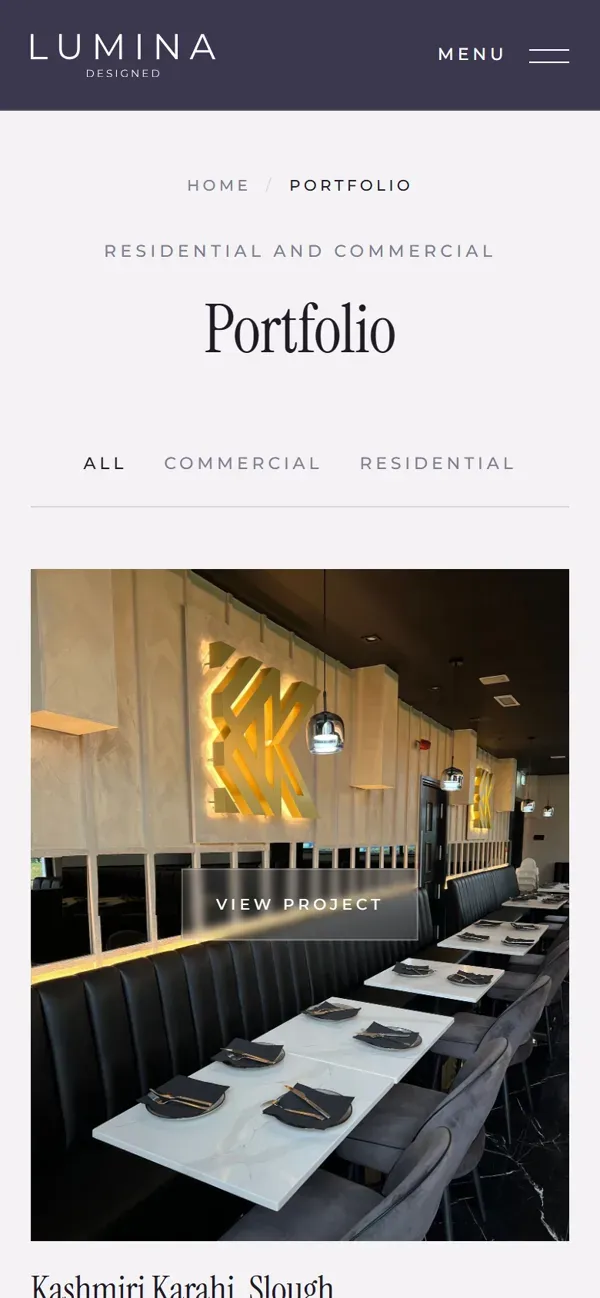 The Lumina Designed portfolio page on a phone, with filters for all, commercial and residential projects above a photo of a finished restaurant interior