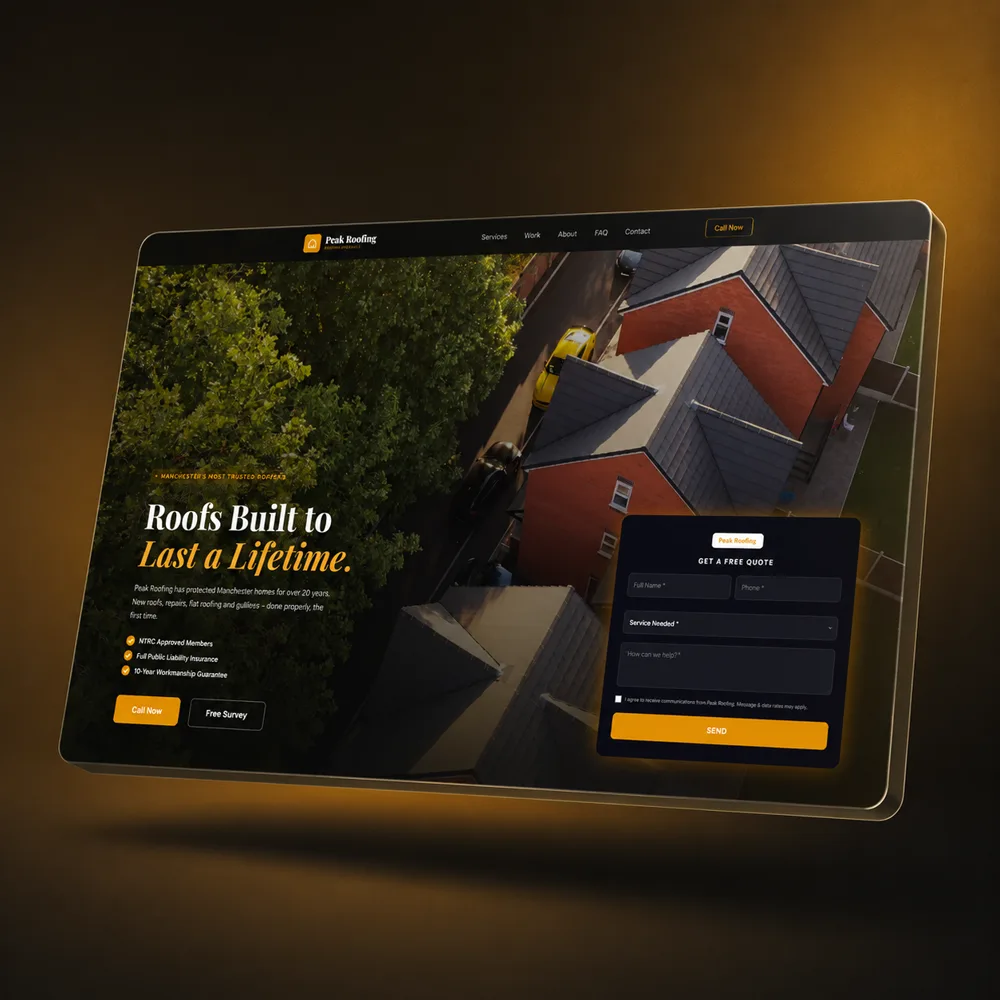 The Peak Roofing concept site on a laptop: headline, Call Now button and a short quote form in the first screen
