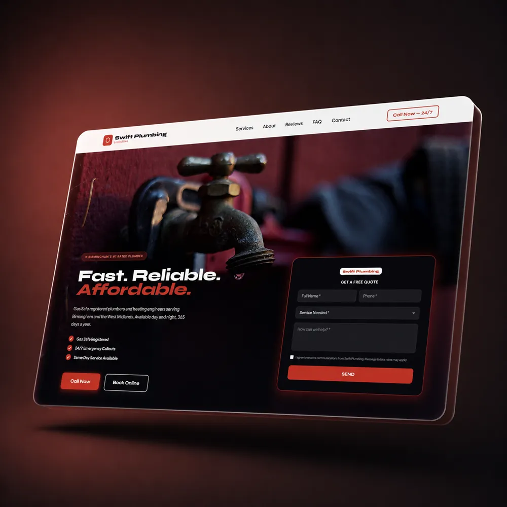 The Swift Plumbing concept site on a laptop: a Call Now button in the nav, Gas Safe registered in the first line, and a short quote form beside the headline