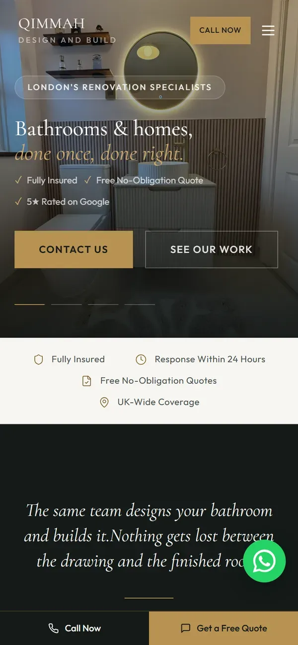 The Qimmah Build site on a phone, with a Call Now button in the header and a fixed bar at the bottom offering Call Now and Get a Free Quote