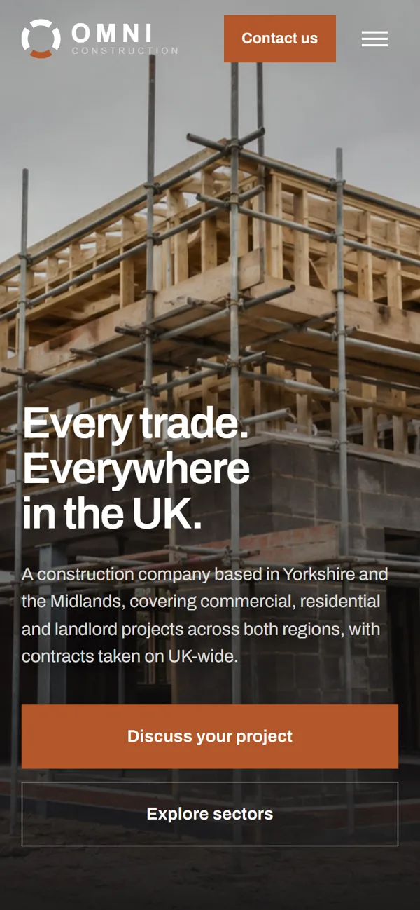 A construction company website on a phone, with a headline, a short description and two buttons to start an enquiry