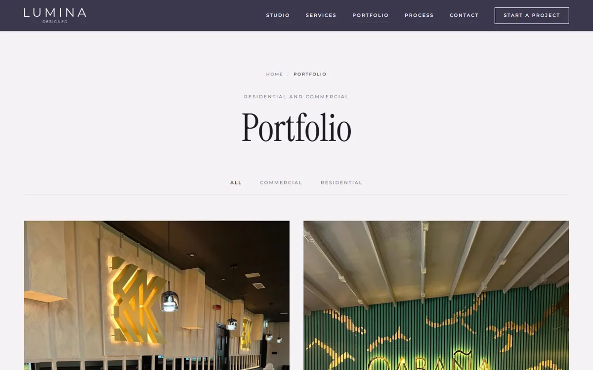 Lumina Designed: The portfolio index: residential and commercial tabs, photographs first.