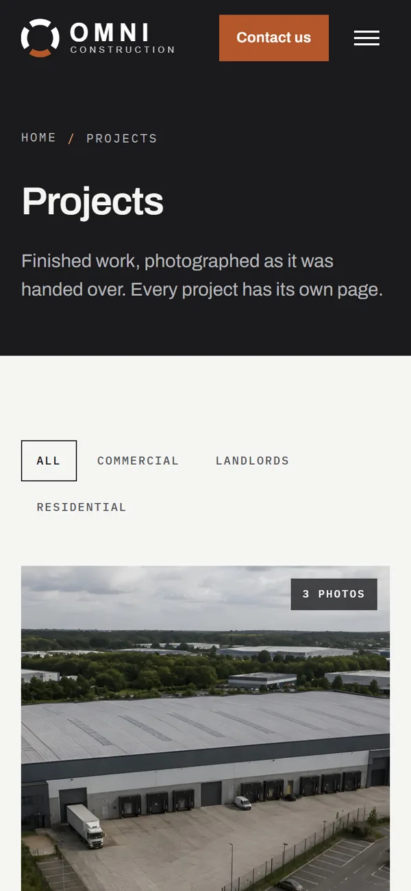 Omni Construction Group projects page on a phone