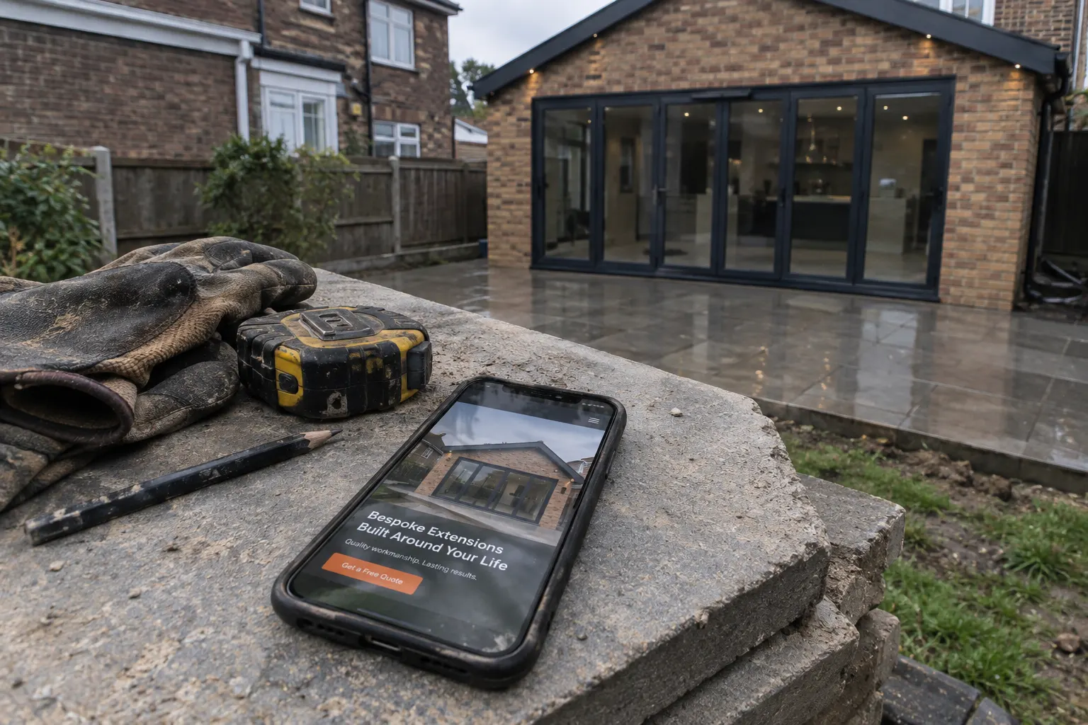 A phone showing a builder’s website, resting on paving slabs in front of the finished extension