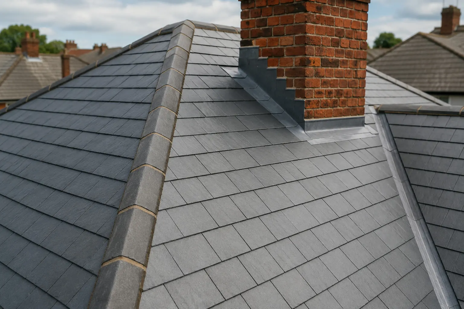 A new slate roof with lead flashing around a brick chimney